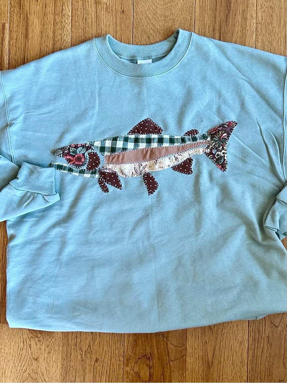 Embroidered Crewneck, Trout patchwork sweatshirt